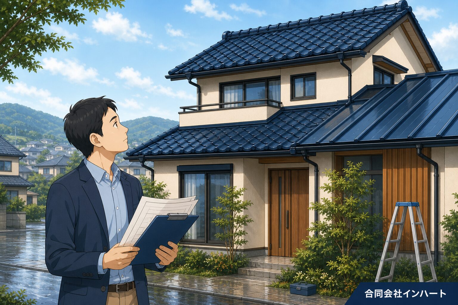 雨上がりの空の下、図面とクリップボードを手にした建築士が日本の戸建ての屋根を点検しているイラスト。広島の住まいの雨漏り調査・火災保険のイメージ