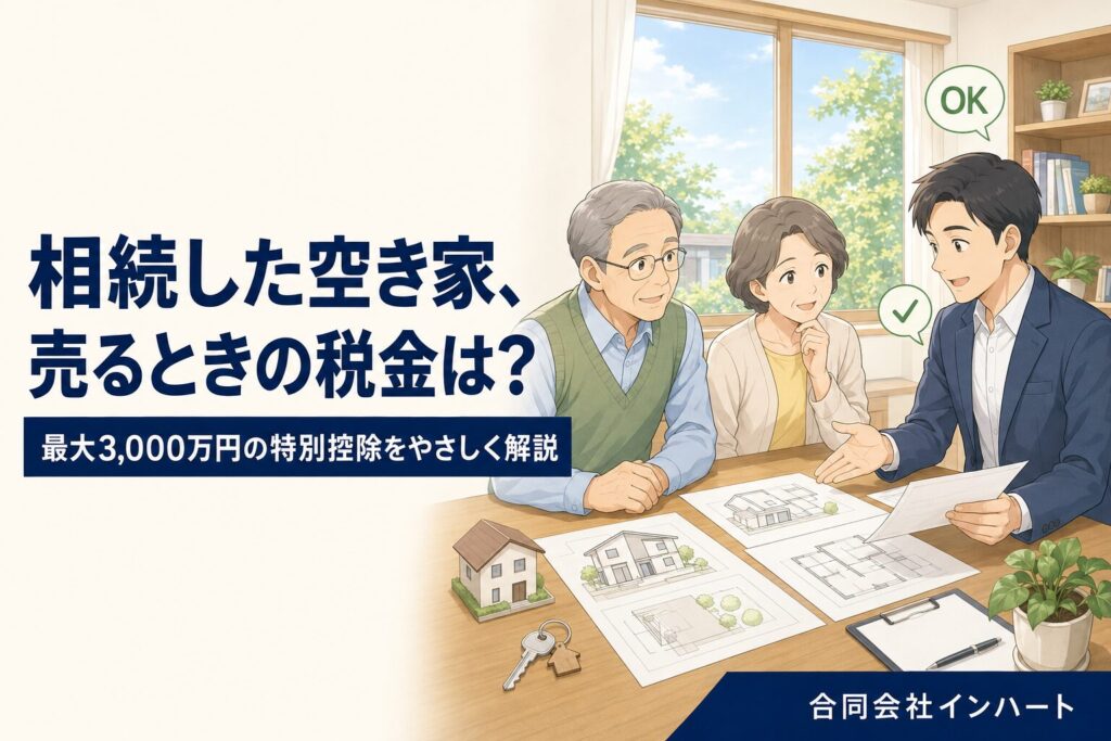 相続した実家の売却と税金について、建築士が高齢のご家族に書類を見せながら相談に応じるイラスト。広島市・東広島市の空き家と3,000万円特別控除のイメージ