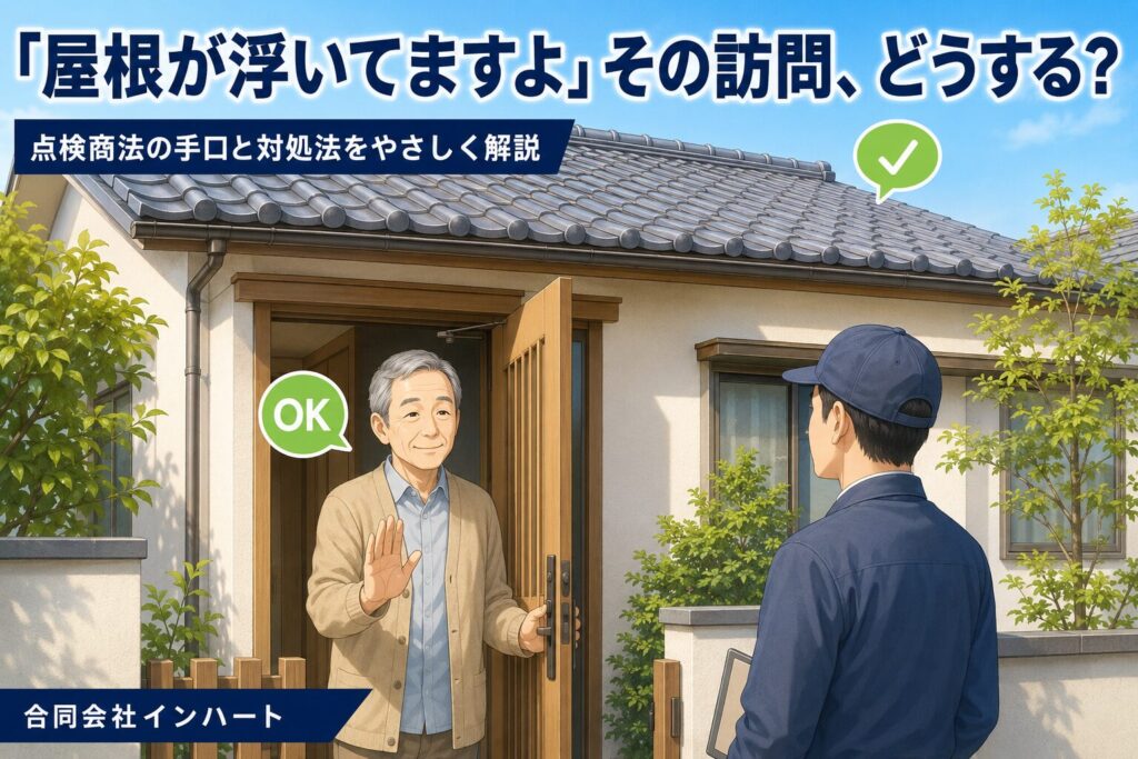 「屋根が浮いてますよ」と訪ねてきた業者に、玄関先で住人が落ち着いて応対しているイラスト。広島市・東広島市の屋根の点検商法・訪問販売への対処のイメージ