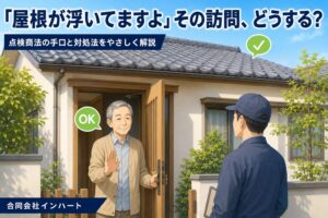 「屋根が浮いてますよ」と訪ねてきた業者に、玄関先で住人が落ち着いて応対しているイラスト。広島市・東広島市の屋根の点検商法・訪問販売への対処のイメージ