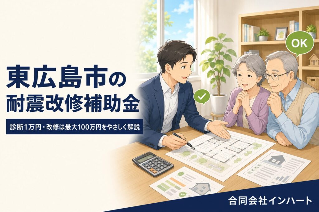東広島市の耐震改修補助金について、建築士が図面と電卓を前に高齢のご夫婦へ診断1万円・改修最大100万円の制度を説明しているイラスト。東広島市の耐震相談のイメージ