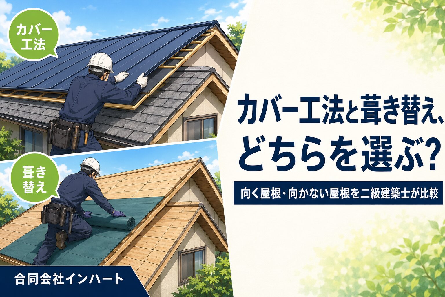 カバー工法と葺き替えの違いを比べたイラスト。上は既存のスレート屋根に金属屋根を重ねるカバー工法、下は屋根材を撤去して野地板に防水シートを敷く葺き替え。広島市・東広島市の屋根改修の工法選びのイメージ