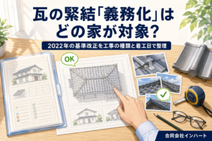 木のテーブルを俯瞰した構図で、瓦屋根の伏図を指さす手と、瓦の緊結金具が写った施工写真、和瓦のサンプル、メジャーや老眼鏡が並ぶイラスト。2022年の瓦屋根の緊結基準がどの工事に適用されるかを整理する記事のアイキャッチ