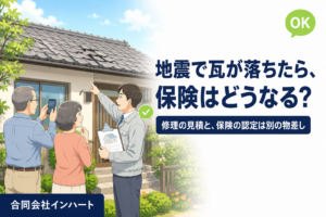 地震で瓦の一部がずれた戸建て住宅を、住まい手と建築士が地上から見上げて確認しているイラスト。屋根の被害と保険の相談先を解説する記事のアイキャッチ