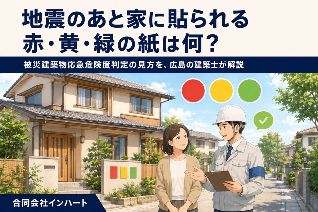 穏やかな住宅街の一戸建ての前で、ヘルメットと腕章をつけた建築士がクリップボードを手に住民へ説明しているイラスト。赤・黄・緑の3色のアイコンと判定ステッカーを添えた、広島市・東広島市の被災建築物応急危険度判定のイメージ