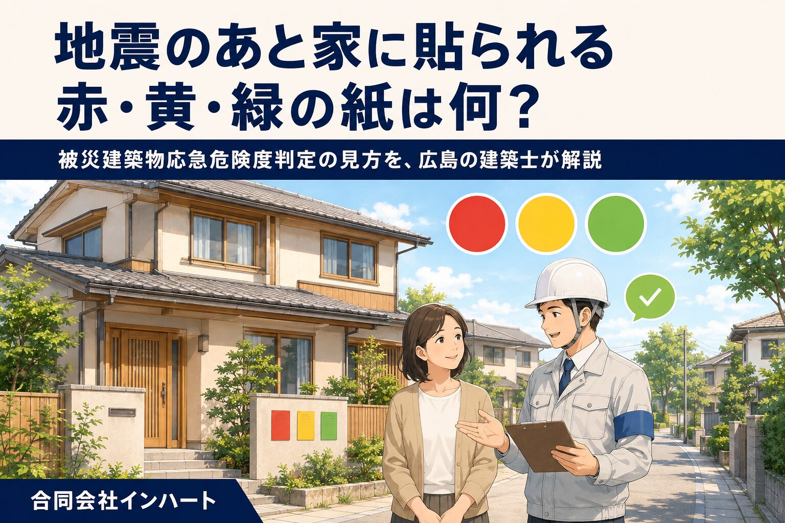 穏やかな住宅街の一戸建ての前で、ヘルメットと腕章をつけた建築士がクリップボードを手に住民へ説明しているイラスト。赤・黄・緑の3色のアイコンと判定ステッカーを添えた、広島市・東広島市の被災建築物応急危険度判定のイメージ
