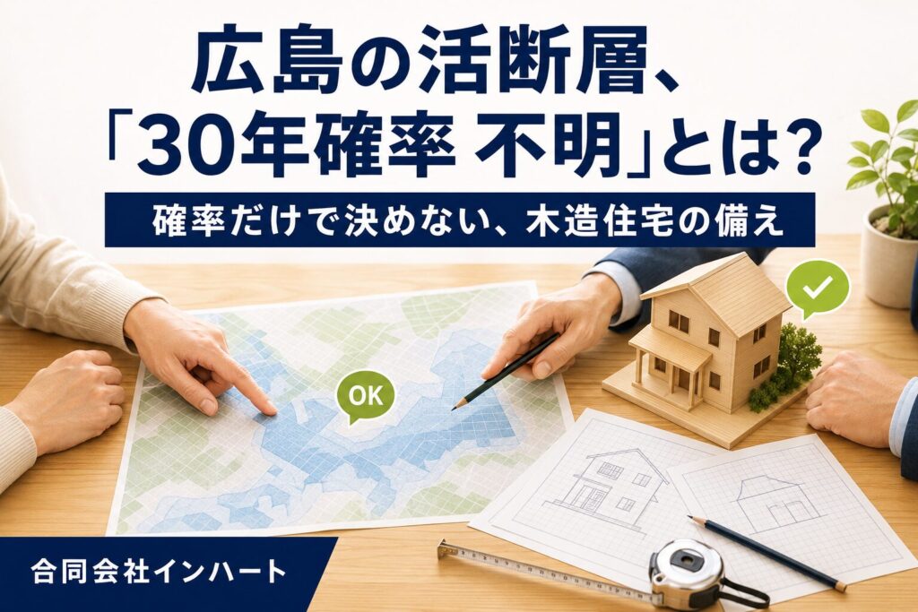 木のテーブルに広げた色分けの地図を指しながら、建築士と住まい手が話し合っている様子。木造住宅の模型と図面、メジャー、鉛筆が並ぶ。広島市・東広島市の活断層と木造住宅の耐震の備えのイメージ