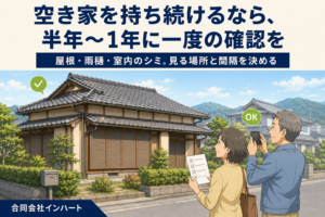 雨戸を閉めた瓦屋根の和風戸建てを、道路側から夫婦が見上げて確認しているイラスト。一人はチェックリストを持ち、もう一人はスマートフォンで外観を撮影している。軒先の雨樋と郵便ポストが写り、屋根には登っていない。広島市・東広島市で空き家を持ち続けるときの点検を解説する記事のアイキャッチ