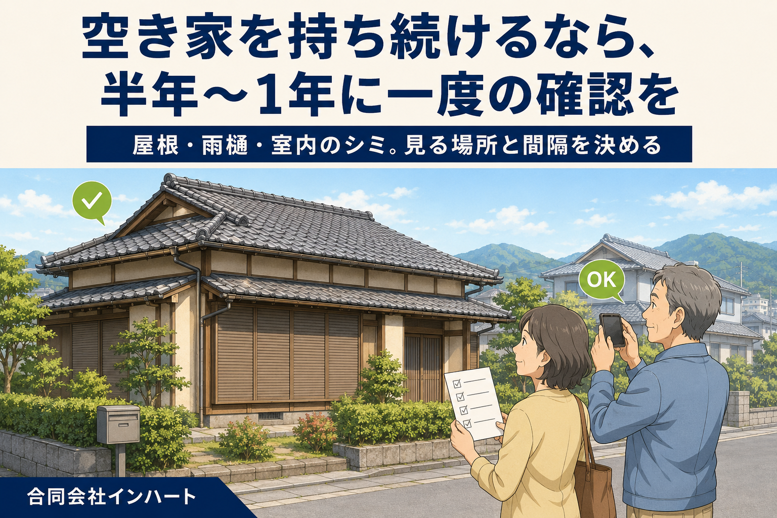 雨戸を閉めた瓦屋根の和風戸建てを、道路側から夫婦が見上げて確認しているイラスト。一人はチェックリストを持ち、もう一人はスマートフォンで外観を撮影している。軒先の雨樋と郵便ポストが写り、屋根には登っていない。広島市・東広島市で空き家を持ち続けるときの点検を解説する記事のアイキャッチ