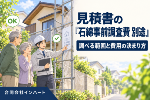足場が組まれた戸建て住宅の前で、ヘルメットをかぶった建築士が足場に取り付けられた掲示物を指さし、高齢のご夫婦が並んで説明を聞いているイラスト。建築士はクリップボードを持ち、屋根には誰も登っていない。広島市・東広島市で屋根工事の見積にある「石綿事前調査費 別途」の意味と費用の決まり方を解説する記事のアイキャッチ